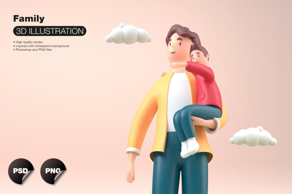 3D 家庭概念父亲抱着儿子插图