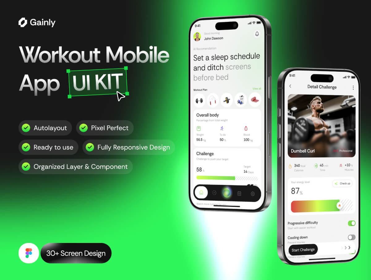 Gainly – 健身移动应用 UI 套件