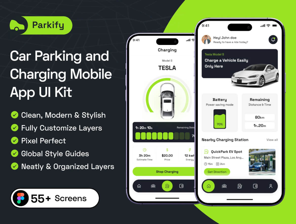 Parkify - 汽车停车和充电移动应用程序 UI 套件