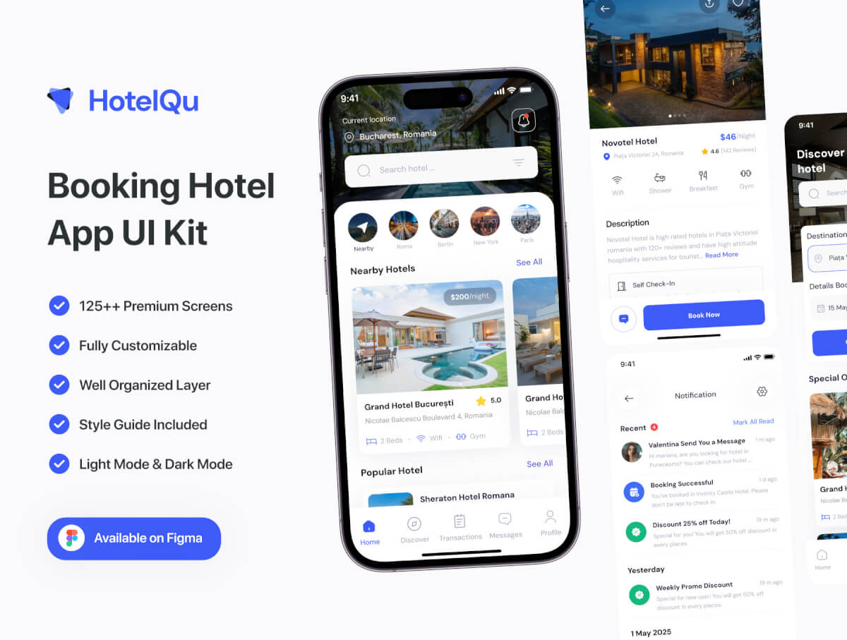 HotelQu - 预订酒店移动应用程序 UI 套件