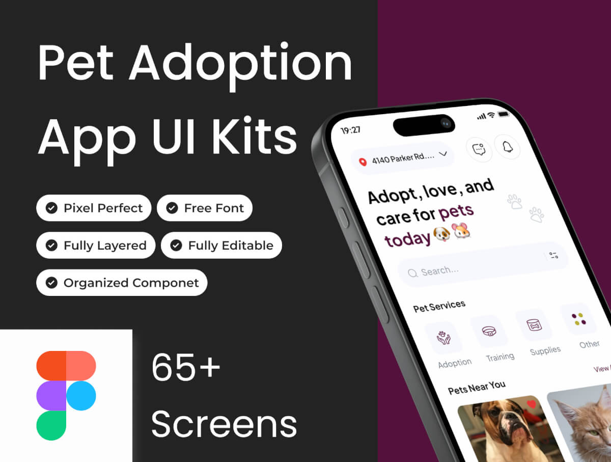 Adoptly - 宠物领养和护理应用程序 UI 套件