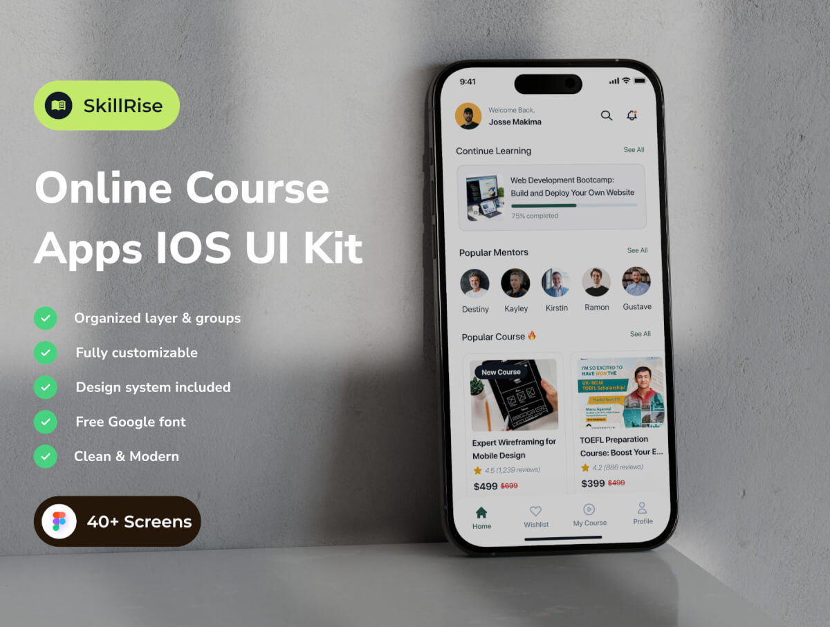 SkillRise - 在线课程应用程序 iOS UI 套件
