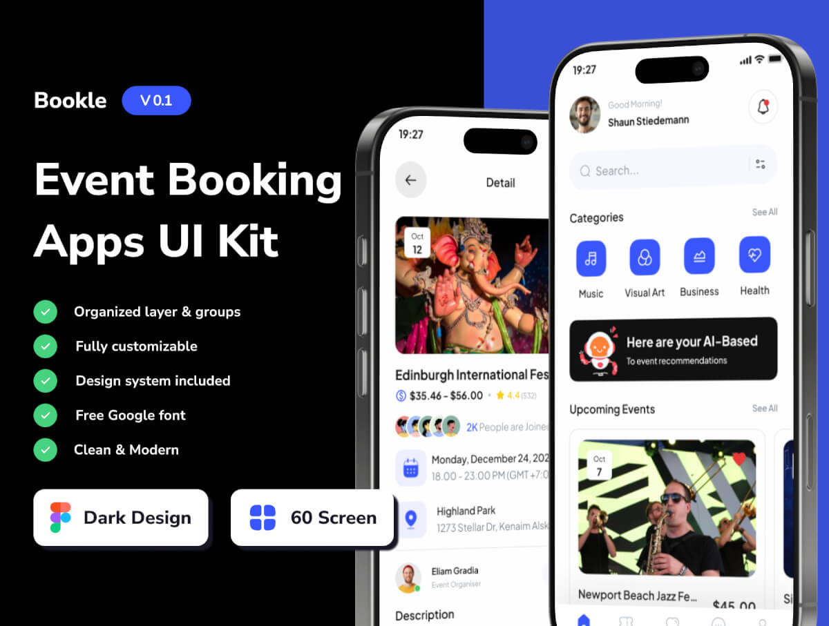 Bookle - 活动预订移动应用程序 UI 套件