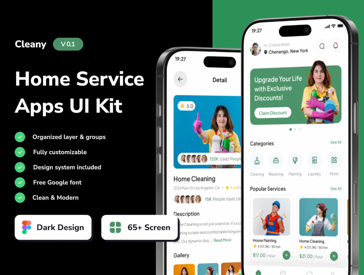 Cleany - 家庭服务移动应用程序 UI 套件