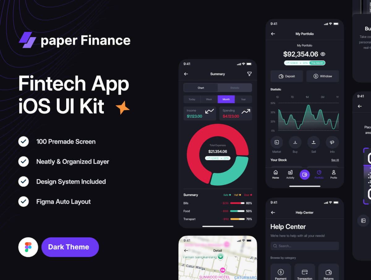 黑暗模式 - Paper Finance(金融科技移动 UI 套件)