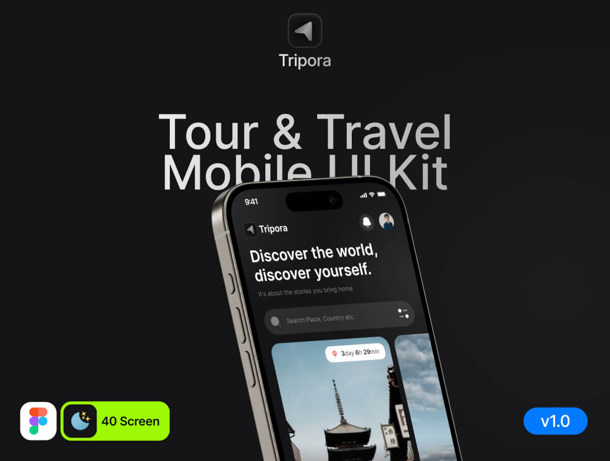 Tripora - 旅游和旅行移动应用程序 UI 套件