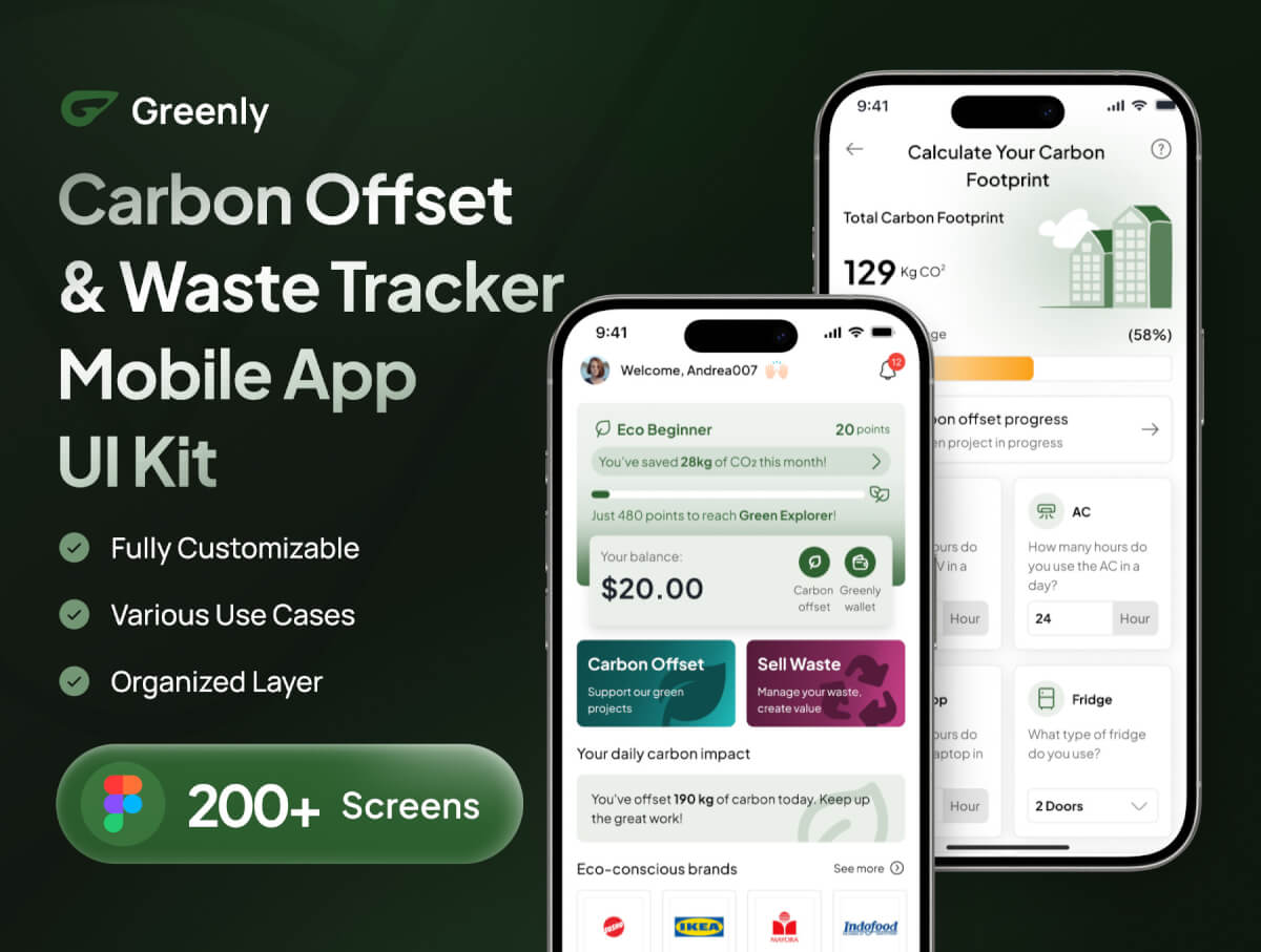 Greenly - 碳补偿与废物追踪移动应用程序 UI 套件