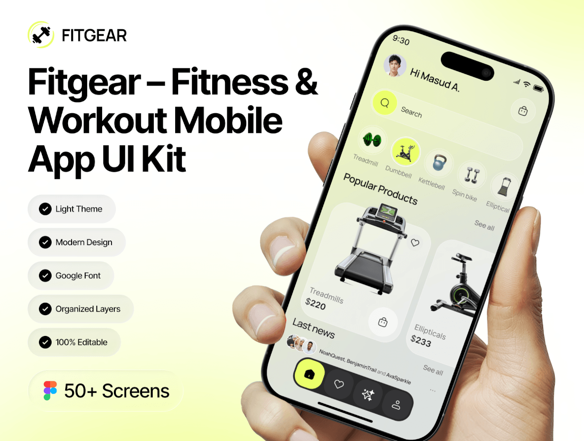 Fitgear – 健身与锻炼移动应用 UI 套件