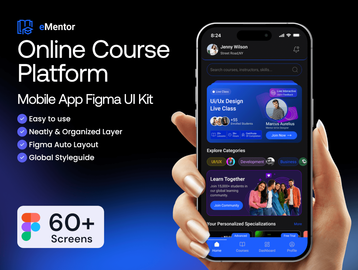 eMentor – 在线课程平台移动应用 Figma UI Kit